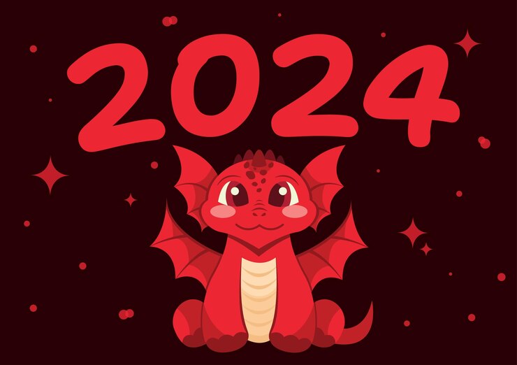 Vector 귀여운 은 드래곤을 가진 인사 카드 새해 2024 새해의 상징