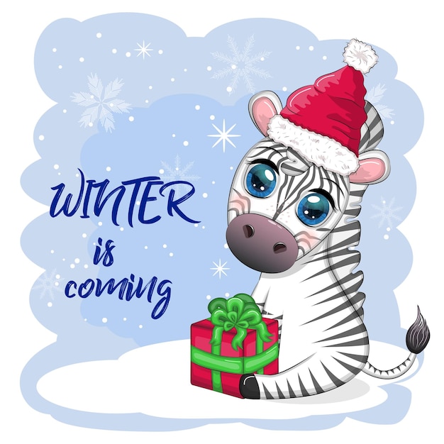 Greeting card with cute zebra in santa hat with christmas ball candy kane gift Wildlife holidays cartoon character