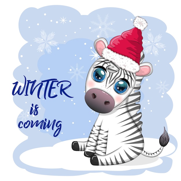 Greeting card with cute zebra in santa hat with christmas ball candy kane gift Wildlife holidays cartoon character