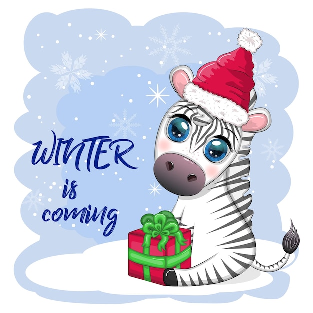 Greeting card with cute zebra in santa hat with christmas ball candy kane gift Wildlife holidays cartoon character