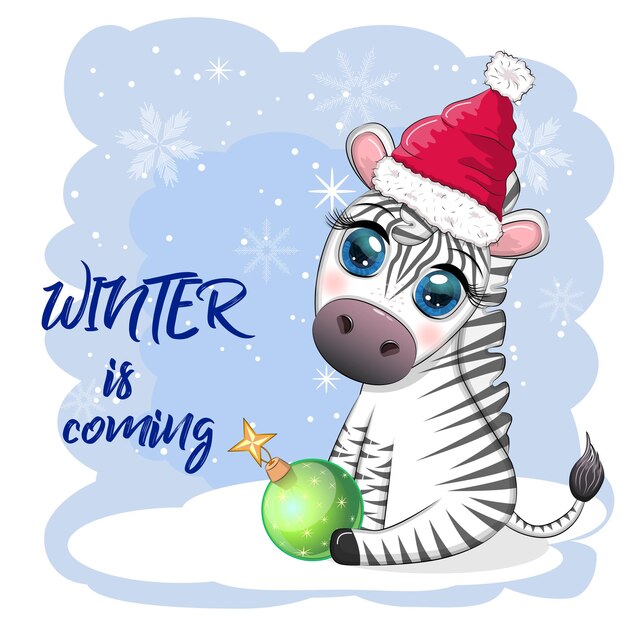 Greeting card with cute zebra in santa hat with christmas ball candy kane gift wildlife holidays cartoon character