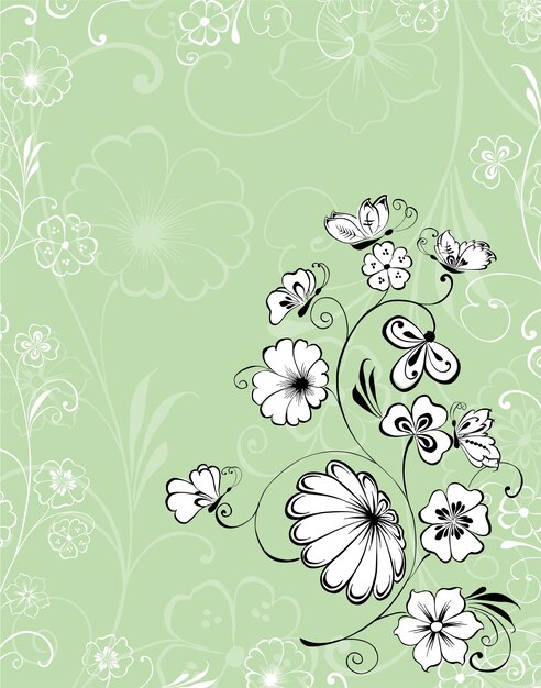 Vector greeting card with decorative flowering twig and butterflies