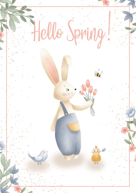 Greeting card with Easter bunny chicken bird flowers on white background Use for greeting poste