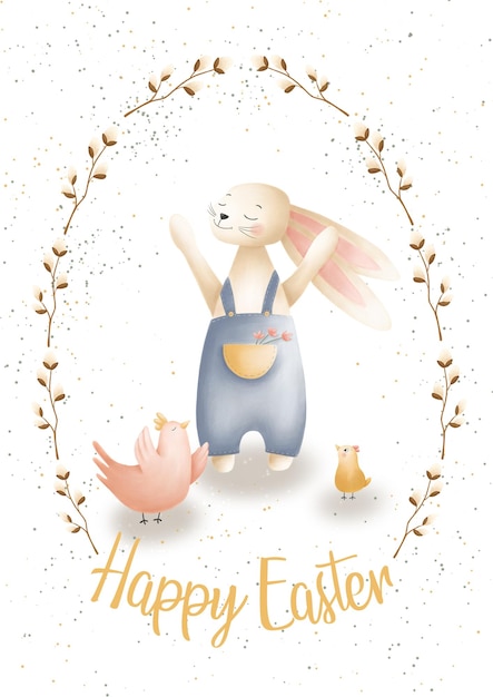 Greeting card with easter bunny chicken bird wreath on white background