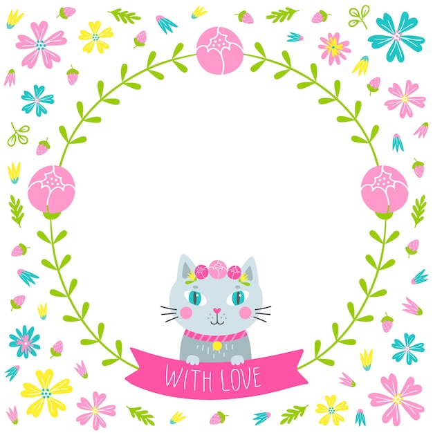 花の花輪とかわいい猫のグリーティングカード。結婚式、誕生日、その他のデザインの白い背景の上のベクトルイラスト。愛を込めて手描きのレタリング
