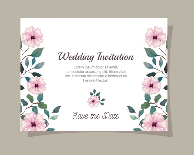 花のピンク色のグリーティングカード、枝と葉のピンクの花と結婚式の招待状装飾イラストデザイン
