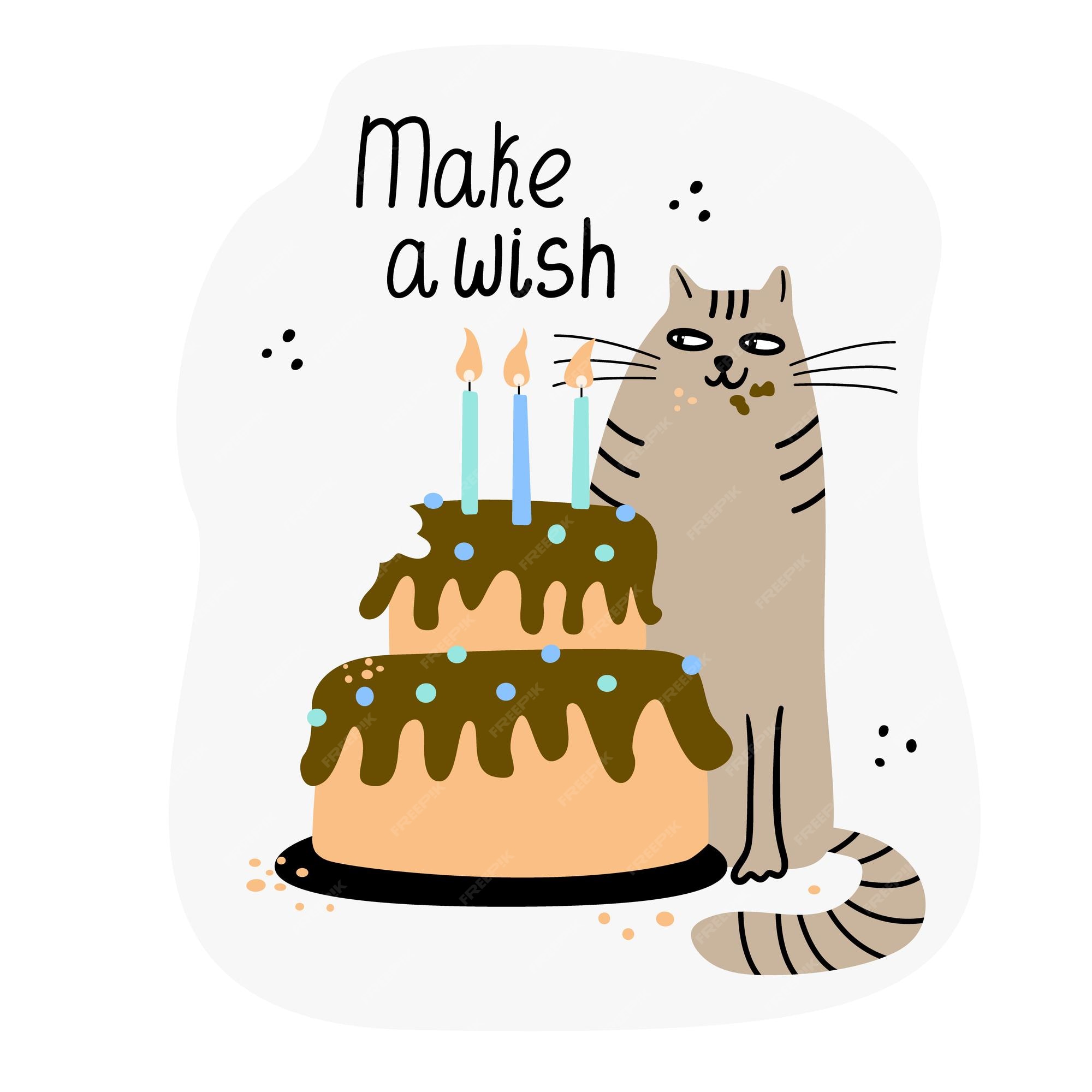 Premium Vector | Greeting card with a funny cat and birthday cake hand drawn flat illustration Premium Vector | Greeting card with a funny cat and birthday cake hand drawn flat illustration