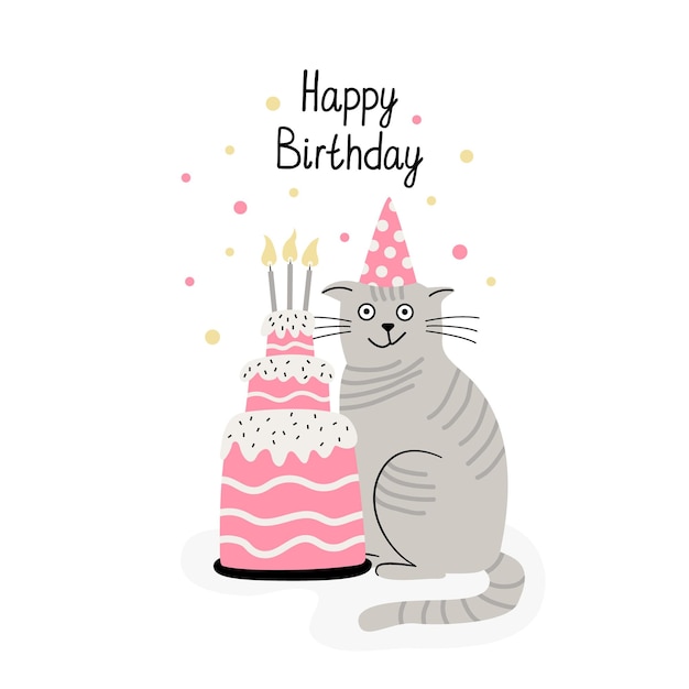 Greeting card with a funny cat and birthday cake hand drawn flat vector illustration a