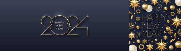 Vector greeting card with golden 2024 new year logo new year golden sign background with christmas decor