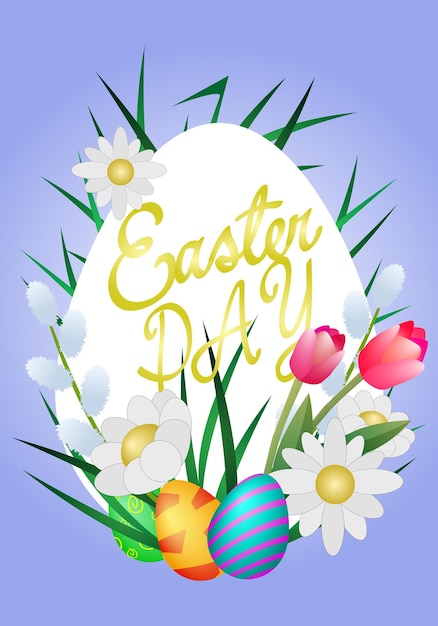 Greeting card with golden inscription easter with flowers and grass