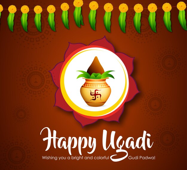 Biglietto di auguri con kalash e tradizionale festa del capodanno indiano ugadi gudi padwa