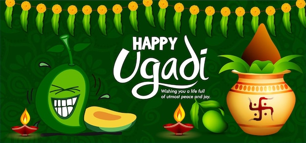Greeting card with Kalash and traditional celebration Indian New Year festival Ugadi Gudi Padwa