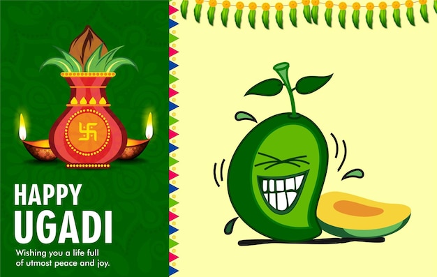 Biglietto di auguri con kalash e tradizionale festa del capodanno indiano ugadi gudi padwa