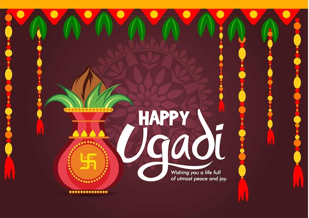 Greeting card with kalash and traditional celebration indian new year festival ugadi gudi padwa