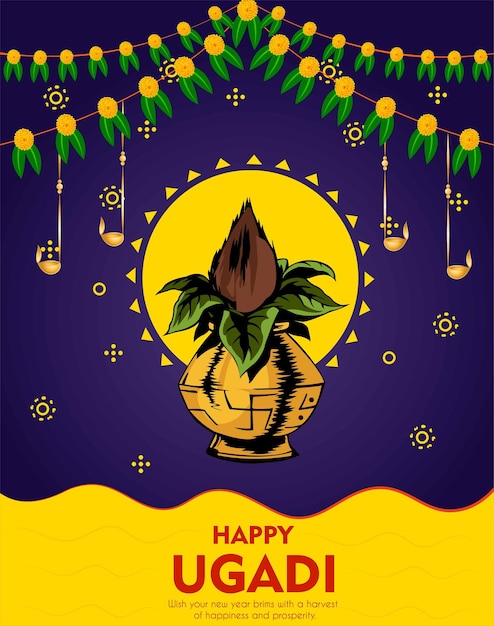 Greeting card with Kalash and traditional celebration Indian New Year festival Ugadi Gudi Padwa