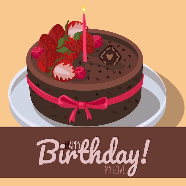 Vettore un biglietto di auguri con una grande torta al cioccolato e la scritta happy birthday chocolate cake