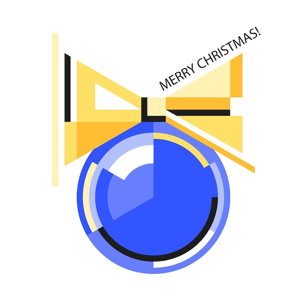 Vector greeting card with minimal geometric blue christmas ball and golden ribbon on white background