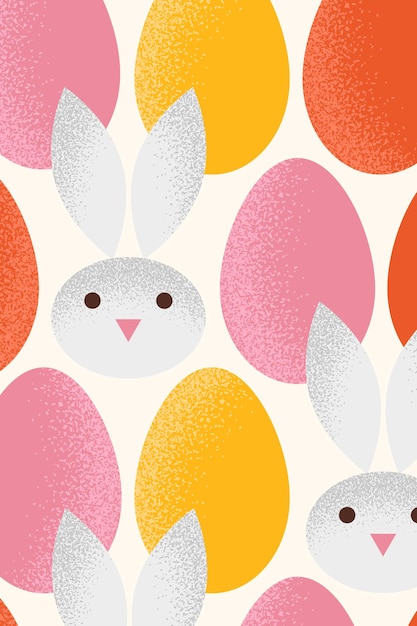 Vector greeting card with pattern of grainy textured eggs and bunny from geometric shapes for happy easter