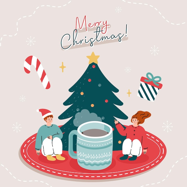 greeting card with people drinking tea with christmas elements