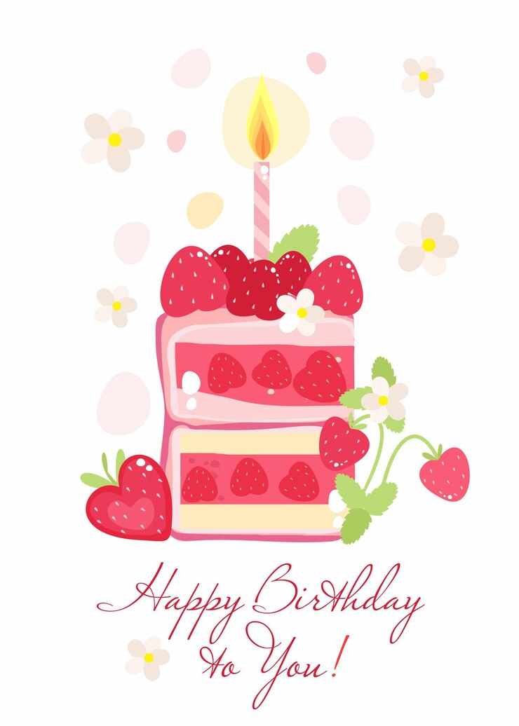 Vector greeting card with a piece of strawberry cake with a candle happy birthday inscription