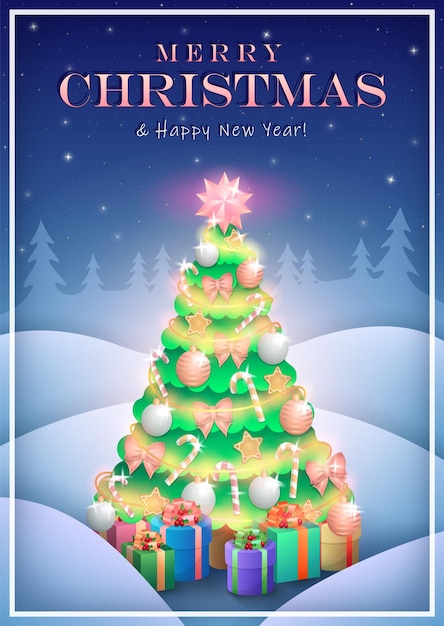 Greeting card with pink Xmas tree and decorations. Fir with gifts on winter forest background.