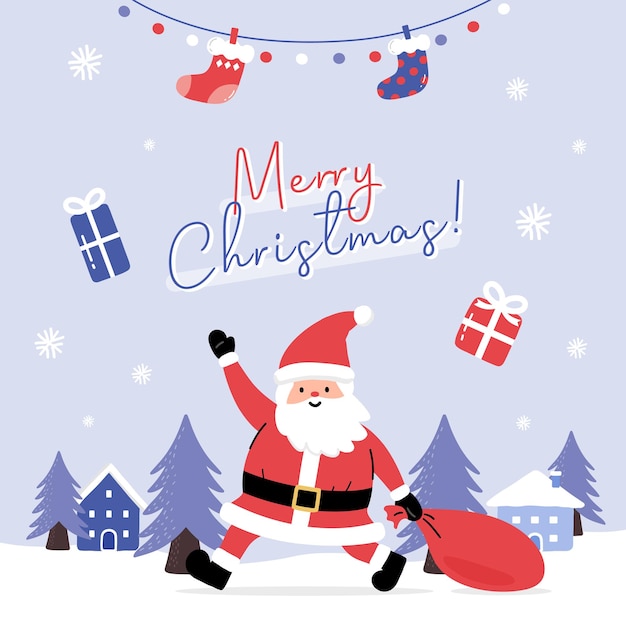 Greeting card with santa and presents in winter landscape