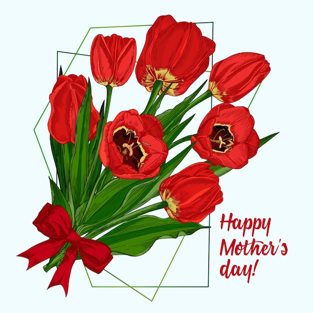 Greeting card with Spring flower bouquet of tulips in red and green colors on white background Line engraving drawing style Realistic botanical nature floral sketch pattern