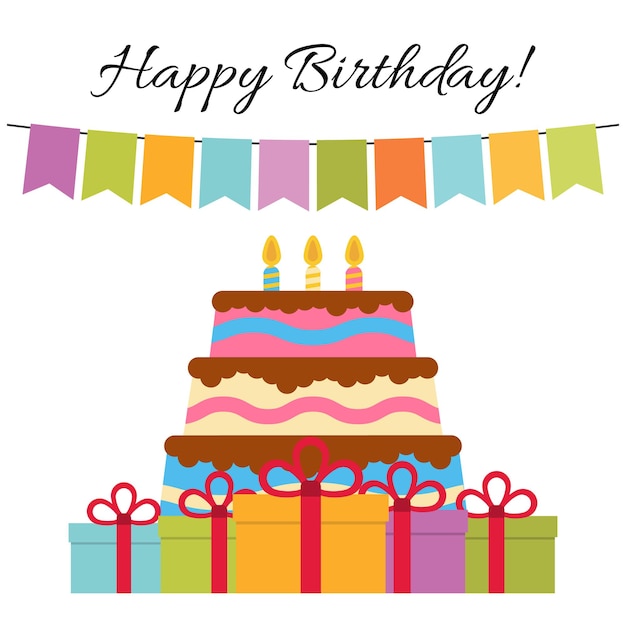 Greeting card with sweet cake for birthday celebration. vector illustration