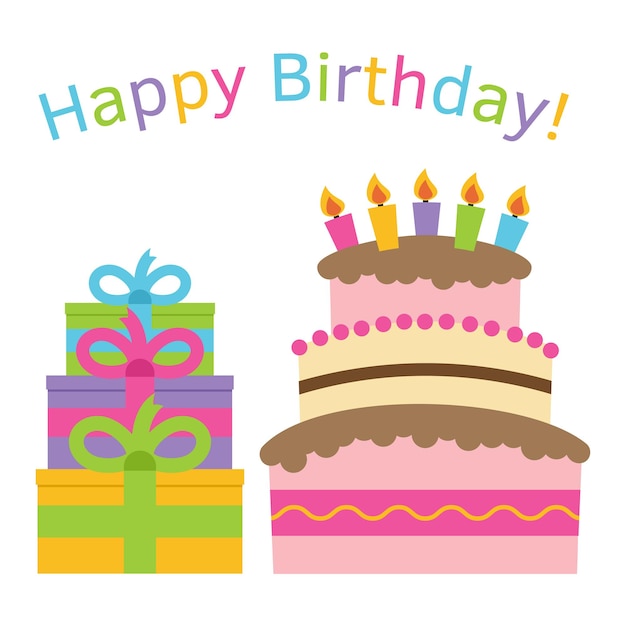 Greeting card with sweet cake for birthday celebration. vector illustration