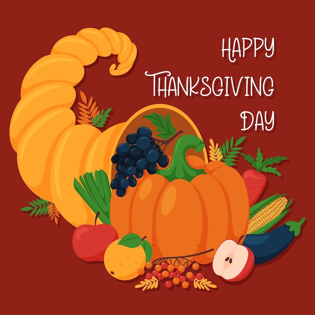 a greeting card with thanksgiving or for the harvest festival cornucopia seasonal autumn vegetables pumpkin apple rowan grapes flat vector illustration on a red background