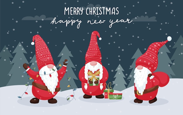 Greeting card with three cute dwarfs in front of a forestsnowdrifts Gnomes with a garland and a bag of gifts Vector illustration with cartoon characters and handwritten inscription Merry Christmas