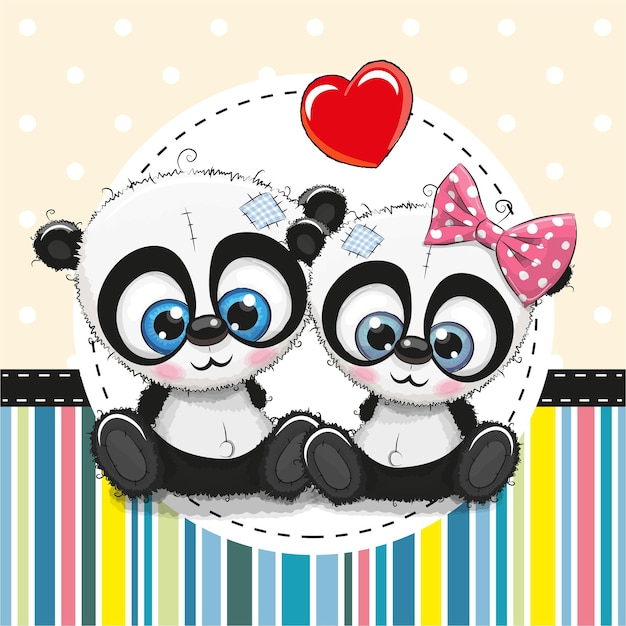 Greeting card with two cartoon pandas