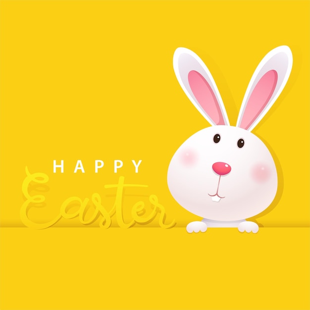 Greeting card with white easter bunny on yellow background. happy easter lettering card with cute rabbit