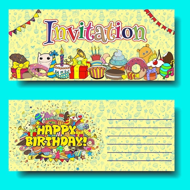 Greeting cards birthday party invitation with sweets doodles background.