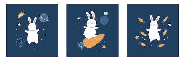 우주 토끼 당근 별과 행성 인사말 카드