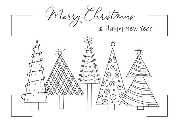 Vector greeting christmas card of stylized decorated christmas trees