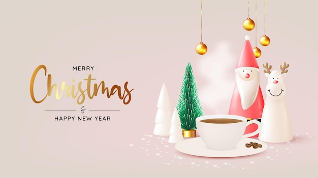 パステルカラースキームベクトルイラストと3dリアルなアートスタイルでコーヒーとメリークリスマスを挨拶します。