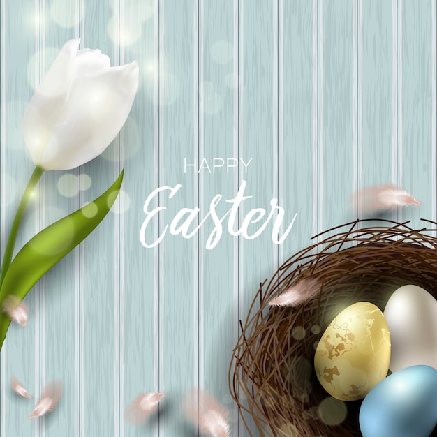 Greeting Easter background with realistic Easter eggs and chicken feathers. Top view with copy space.