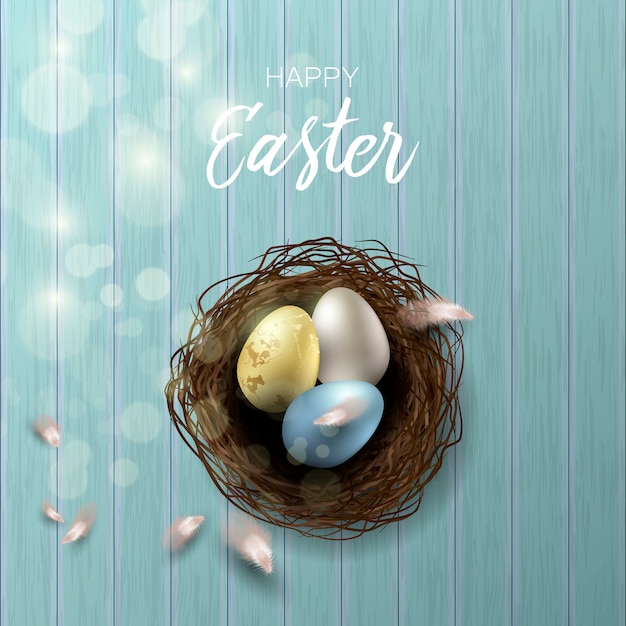 Greeting Easter background with realistic Easter eggs and chicken feathers. Top view with copy space