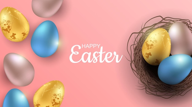 Greeting easter banner with realistic easter eggs. top view