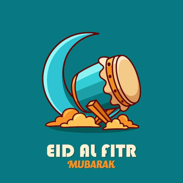 Vector greeting eid al fitr mubarak cartoon simple design style with cute islamic drum and blue background