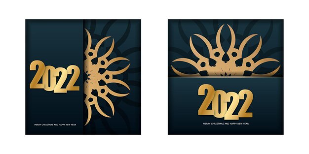 Modello di volantino di auguri 2022 buon natale blu scuro con ornamento d'oro invernale