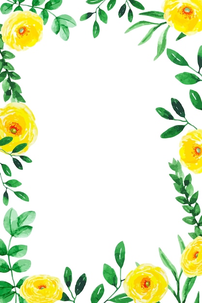 Vector greeting frame with green leaves and yellow flowers botanical invitation watercolor