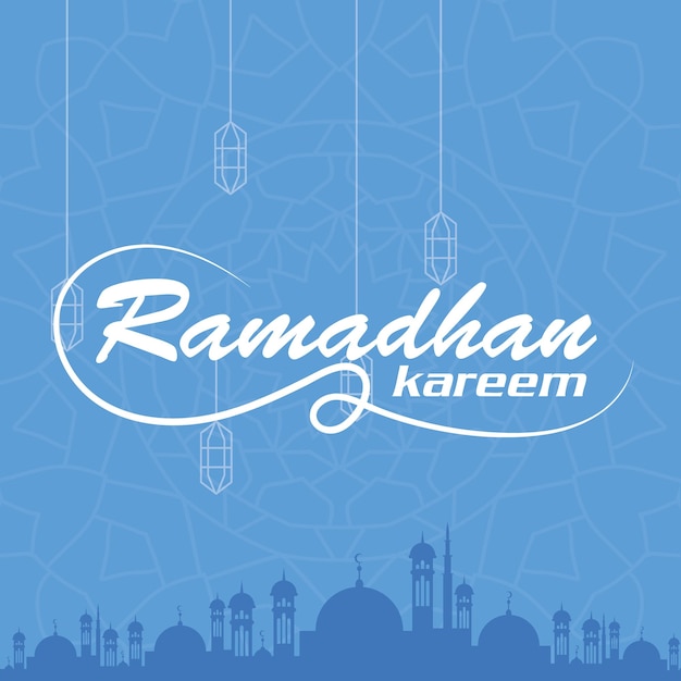 이드 무바라크 우아한 파란색 배경 글자로 marhaban ya ramadhan의 인사말 템플릿