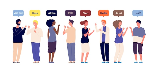 Greeting in native languages. international multiracial friends speech hello. foreign language