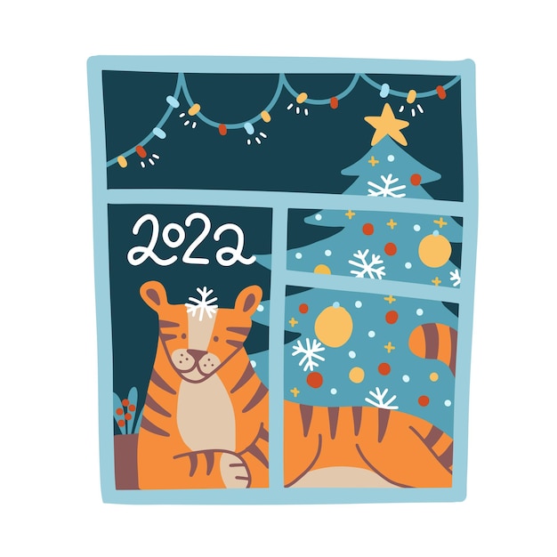 Greeting new year card with cute tiger lying on the windowsill near xmas fir tree and looking at win...