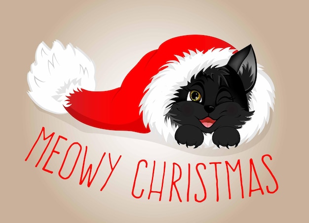 Vector greeting postcard happy new year and merry christmas with black cat in christmas hat