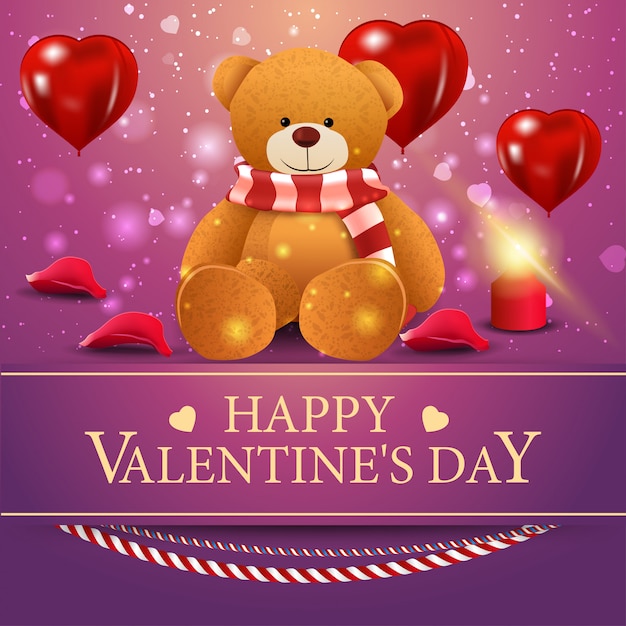 Vector greeting purple card for valentine's day with teddy bear