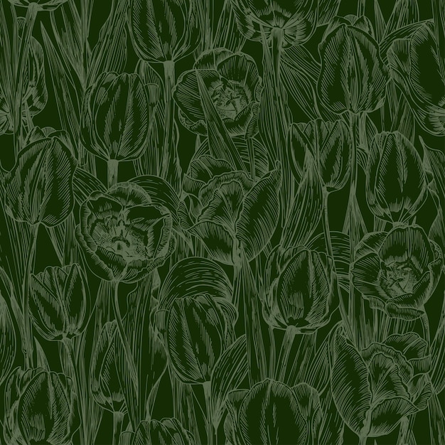 Saluto senza cuciture con bouquet di tulipani di fiori primaverili in colore verde scuro su sfondo blu disegno di incisione stile vintage