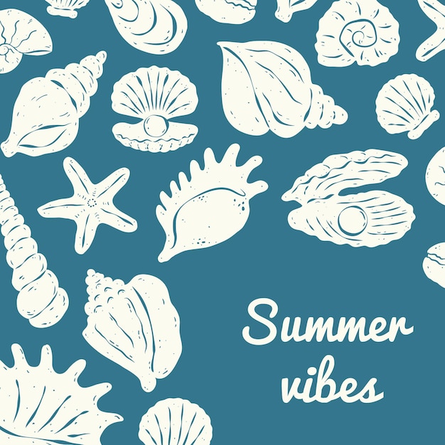 greeting square card with various seashells and typography summer vibes on blue background